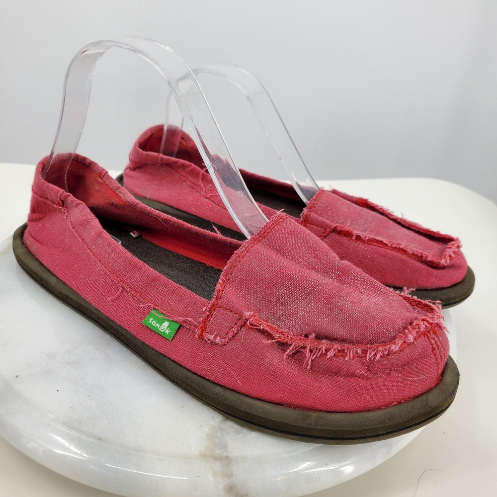 Sanuk Donna Fuchsia Canvas Sidewalk Surfer Slip On Loafers Women 8 Flat Shoes